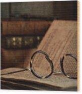 Old Vintage Books With Reading Glasses Wood Print