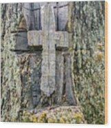 Old Wooden Cross Carved In Stump Wood Print