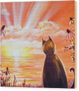 Orange Sunset With A Cat Wood Print