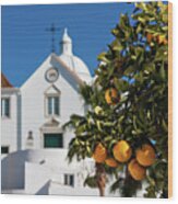 Orange Tree And Church - Castro Marim, Portugal Wood Print