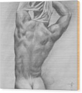 Original Charcoal Drawing Art Male Nude  On Paper #16-3-10-13 Wood Print