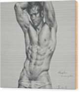 Original Drawing Sketch Charcoal Male Nude Gay Interest Man Body Art Pencil On Paper -0056 Wood Print