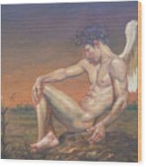 Original Oil Painting Nude Art Angel Of Male Nude On Linen#16-7-21 Wood Print