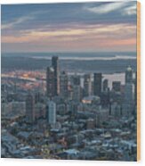 Over Seattle Downtown And The Stadiums Wood Print