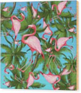 Palm Tree And Flamingos Wood Print