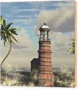 Palmtree Beach Lighthouse Wood Print