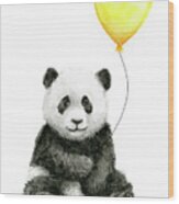 Panda Baby With Yellow Balloon Wood Print