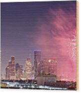 Panorama Of Downtown Houston Skyline Fireworks On The 4th Of July - Harris County Texas Wood Print