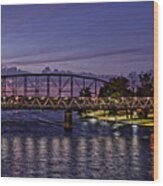 Panorama Of Waco Suspension Bridge Over The Brazos River At Twilight - Waco Central Texas Wood Print