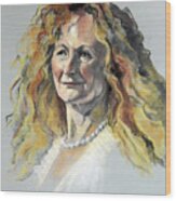 Pastel Portrait Of Frizzy-haired Model Wearing Pearls Wood Print
