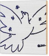 Peace Dove Serigraph In Blue As A Tribute To Pablo Picasso's Lithograph Of Love Bird With Flowers Wood Print