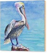 Pelican On A Post Wood Print
