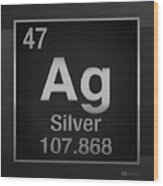 Periodic Table Of Elements - Silver - Ag - Silver On Black Wood Print