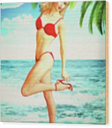 Pin-up Beach Blonde In Red Bikini Wood Print