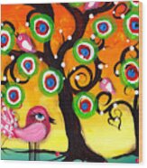 Pink Birds On A Tree Wood Print