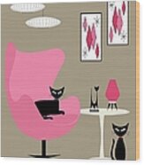 Pink Egg Chair With Two Cats Wood Print