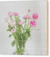 Pink Ranunculus In Glass Vase Wood Print