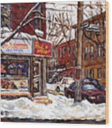 Pointe St Charles Montreal Winter Scene Painting Paul Patates Restaurant At Coleraine And Charlevoix Wood Print