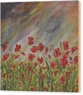 Poppies In A Storm Wood Print