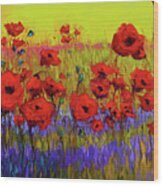 Poppy Flower Field Oil Painting With Palette Knife Wood Print