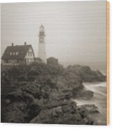 Portland Head Lighthouse In Fog Sepia Wood Print