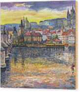 Prague Charles Bridge And Prague Castle With The Vltava River 1 Wood Print