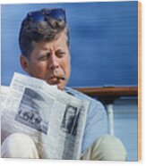 President John Kennedy Smoking A Cigar Wood Print