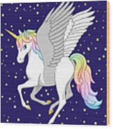 Pretty Rainbow Unicorn Flying Horse Wood Print