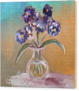 Purple And Blue Pansies In Glass Vase Wood Print
