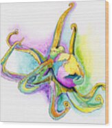 Purple Blue Yellow Sea Watercolor Series 2 Octopus Wood Print