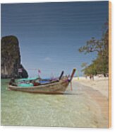 Railay Beach, Phra Nang Beach, Long-tail Boat And Cliff Wood Print