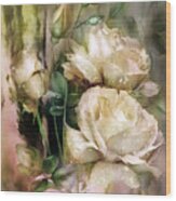 Raindrops On Antique White Roses Wood Print
