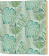 Rainforest Tropical - Elephant Ear And Fan Palm Leaves Repeat Pattern Wood Print