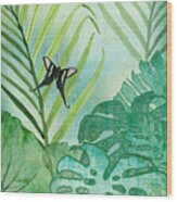 Rainforest Tropical - Philodendron Elephant Ear And Palm Leaves W Botanical Butterfly Wood Print