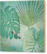 Rainforest Tropical - Philodendron Elephant Ear And Palm Leaves W Botanical Dragonfly 2 Wood Print