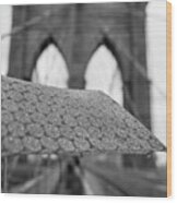 Rainy Day On The Brooklyn Bridge Brooklyn New York Cables Umbrella Black And White Wood Print