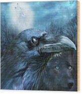 Raven And Wolf - In The Moonlight Wood Print