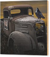Raven Hood Ornament On Old Vintage Chevy Pickup Truck Wood Print