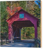 Red Autumn Foliage Over Moseley Covered Bridge Wood Print