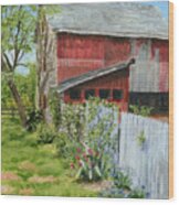 Red Barn And Gray Fence Wood Print