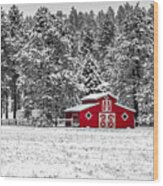 Red Barn In Snow Wood Print