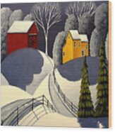 Red Barn In Snow Wood Print