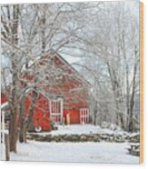 Red Barn In Winter Wood Print