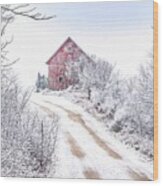 Red Barn In Winter Wood Print