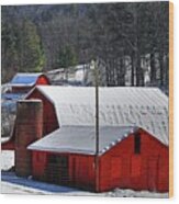Red Barns And Silo In Snow Wood Print