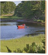 Red Boat On The Herring River Wood Print