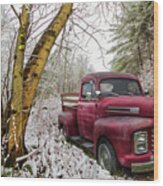 Red Ford Truck In The Snow Wood Print