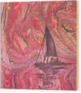 Red Marbled Sailboat Wood Print