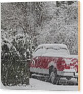 Red Pickup Truck In Snow Storm Wood Print