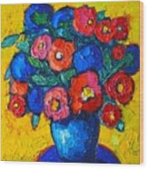 Red Poppies And Blue Flowers - Abstract Floral Wood Print